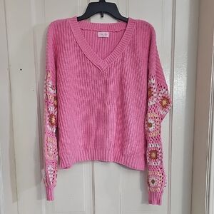 Pink Lily Pink V-Neck Sweater with Floral Accents